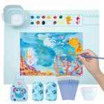 Painting Station for Kids, Silicone Painting Mat with Cup Apron Oversleeve Paint Brushes Easy to Clean Large Paint Mat for Painting Craft Drawing DIY Clay Resin Casting Art Create (Light Blue)