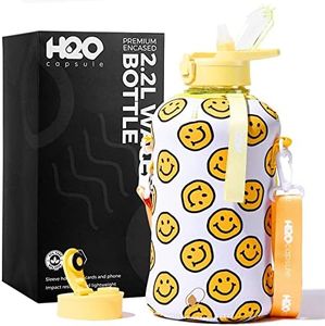 H2O Capsule 2.2L Half Gallon Water Bottle with Storage Sleeve and Covered Straw Lid – BPA Free Large Reusable Drink Container with Handle - Big Sports Jug, 2.2 Liter (74 Ounce) Happy Day