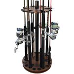 Rush Creek Creations 24 Round Spinning Fishing Rod/Pole Storage Floor Rack Dark Walnut Finish - Features Heavy Duty Steel Post - No Tool Assembly