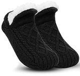 Black Slipper Socks for Women Men Girls, Fluffy Warm Socks Knitted Thick Fleece Lined Grippers Non Slip Socks Soft Cozy Winter Home House Bed Floor Slipper Socks