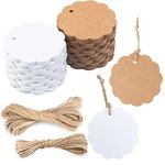 200 Pcs Scalloped Tags with String, White and Kraft Small Paper Blank Hang Tags, Personalized Brown Gift Labels with Hole for DIY Craft Handmade, Gift Wrapping(2.36"/6cm)