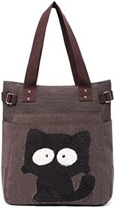 KAUKKO Women Canvas Handbag Shoulder Bag Cat Big Tote Bag(0934-COFFEE)