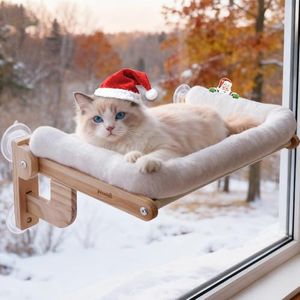 Pecute Foldable Cat Window Perch, Cloud-Soft Cat Bed with Solid Wood Frame, Strong Suction Cup, Washable Cushion, Stable Large Cats Hammock with Sided Bolster, Cats Perch Indoor for Sunbathing, White