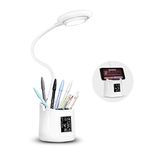 Desk Lamp with USB Charging Port,Wireless Charger LED Desk Lamp,Adjustable Foldable Table Lamp with Clock, Alarm, Date, Temperature,5 Levels of Dimmable Lighting,Home Office Lamp for Studying, Reading, Working (With pen holder-NO CHARGER)