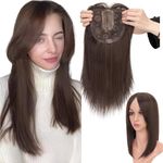 S-noilite Hair Toppers with Bangs for Women with Thinning hair, Synthetic Clip in Toppers Wigs Hair Pieces 6x6 Lace Base Wiglets Hairpieces 14 inch Medium Brown Hair Toppers