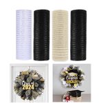 JStnana 4 Rolls Deco Mesh Ribbon for Graduation Wreath Wreath Making Supplies, 10Inch x 30Ft Metallic Burlap Mesh Black White Deco Mesh Rolls for 2024 Graduation Classroom Dormitory Decoration