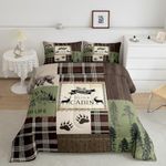 Manfei Adventure Comforter Set King Size, Wild Deer Bear Tree Plaid Wooden Patckwork Down Comforter with 2 Pillowcases, Rustic Farmhouse Bedding Set 3pcs for Kids Boys Lightweight Duvet Insert