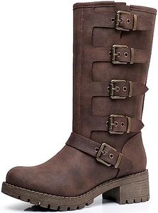 GLOBALWIN Chunky Mid Calf Fashion Dressy Motocycle Biker Military Style Combat Boots for Women Low Heel, 23yy11 Brown, 6.5