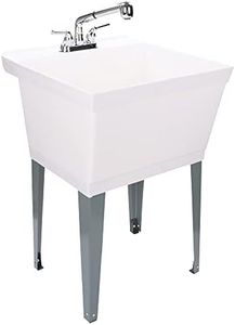 White Utility Sink Laundry Tub With Pull Out Chrome Faucet, Sprayer Spout, Heavy Duty Slop Sinks For Washing Room, Basement, Garage or Shop, Large Free Standing Wash Station Tubs and Drainage (White)