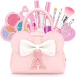 Kids Real Makeup Kit for Girls - 18Pcs Non-Toxic Washable Make Up Toys with Initial Toddler Purse - Personalized Birthday Gifts for Age 3 4 5 6 7 8 9 10 Years Old Girls Vanity Set - A