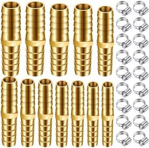 Yaocom 12PCS Brass Hose Barb Union Fitting Barb Splicer Mender Joiner Hose Fitting with 18PCS Stainless Steel Pipe Hose Clamp for Air/Water/Fuel/Oil, 3/16 1/4 5/16 3/8 1/2 5/8 Inch (Brassy,Classic)