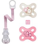 MAM "Skin Soft" Silicone Mini Dummy Start Especially for Early and Newborns Extra Small // 0-2 Months Girl // Set of 2 // Includes Sterilised Transport Box & NIP Dummy Strap