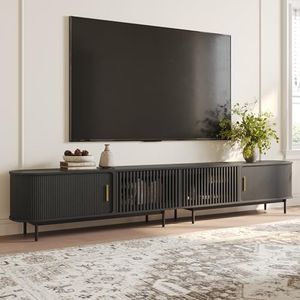 POVISON Fully-Assembled Sliding Tambour Door TV Stand, Mid Century Modern TV Console, Wood Media Console, Entertainment Center with Storage Cabinet(Black, 118.11")