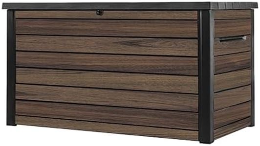 Keter Signature Ontario 870L Outdoor Storage Box – Rosewood | Weather‑Resistant Wood‑Look Storage Box with Lockable Lid, Extra Seating for 2, UV‑Protected Garden Storage