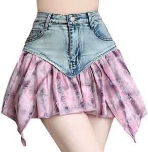 kakarin choyx Fashion Womens Denim Mini Skirt Casual Y2K High Waist A-Line Irregular Splicing Ruffle Pleated Jeans Skirt S