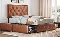 Yaheetech 4FT6 Double Upholstered Bed Frame with 4 Storage Drawers and Adjustable Headboard, Faux Leather Platform Bed with Strong Wooden Slats Support, No Box Spring Needed, Amber Brown