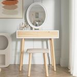 YOURLITE Dressing Table with LED Lights Mirror White Vanity Makeup Table Set with 2 Drawers, Adjustable Brightness Mirror, Cushioned Stool and Free Make-up Organizer(Oval Mirror Wood)