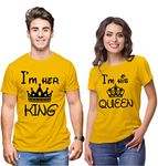 Hangout Hub Hangout-Hub850$P Couple T Shirts for Couples | Printed I Am Her King His Queen (Yellow;Men L, Women M) T-Shirt for Men Women Couples (Set of 2 | Regulat Fit | Cotton)