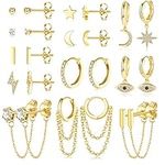 JeweBella 12Pairs Dangle Hoop Earrings for Women Stainless Steel Mini Star Moon Hanging Hoop Earrings Hypoallergenic Gold Chain Hoop Earring Set Zircon Bar Studs Earrings Gold/Silver