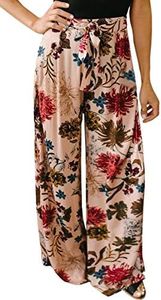 ECOWISH Wide Leg Pants for Women Summer 2024 Palazzo Tropical Floral Belted Casual Lightweight High Waist Flared Trousers with Pockets Pink Small