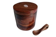 CraftsCollectionStore Store Wooden Salt Box With Lid & Wooden Spoon Round Salt Container Bowl Pot Jar, Spice Jar,Tea Jar, Pure Sheesham Wood For Dinning Table Kitchen