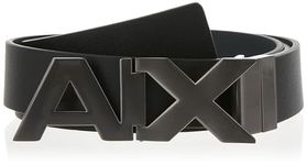 Armani Exchange Men's Leather Wide Logo Belt Buckle, black/phantom, 36