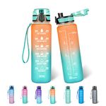 Polygon 32oz Motivational Water Bottle with Time Marker & Removable Strainer to Remind You Drink More Water, Fast Flow, Leakproof BPA Free Sport Water Bottle for Fitness and Outdoor(Orange/Green)