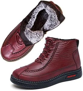 JishinGal Women's Winter New Fleece Thickened Warm Soft Bottom Cotton Boots Waterproof Slip-on Snow Shoes Leather Ankle Booties, Red, 9.5