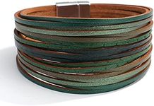 hotoo Handmade Layered Green Leather Bracelets Wrap for Women Stackable Chunky Colored Men Cuff Bracelet Wristband Bangle Gifts