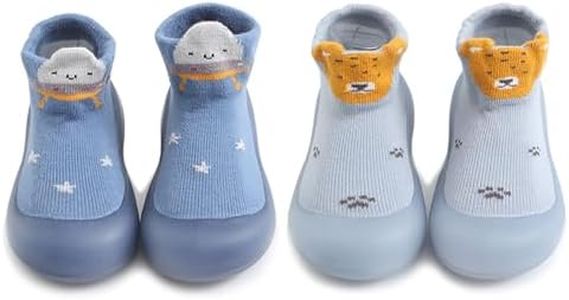 HOVELL 2 Pairs Baby Sock Shoes for Baby Boys Toddler Non Slip Walking Shoes Soft Rubber Sole Infant Floor Slip on Slipper Sneakers (Blue Cartoon,2-3Y)