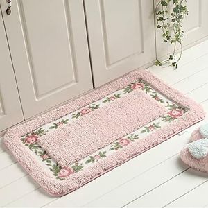 FAONIE Pretty Floral Rural Style Romantic Rose Flower Rug Shaggy Area Rugs Soft Non-Slip Doormat Floor Mat Bath Mat Bathroom Shower Rug Bedroom Living Room Carpet (Nice Pink, L)