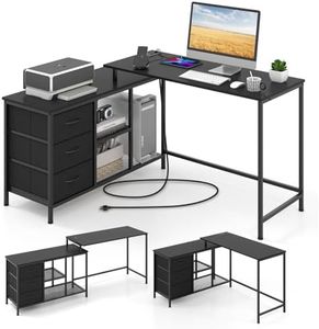 Giantex L-Shaped Computer Desk with Power Outlet, Convertible Corner Desk with 3 Fabric Drawers & Metal Mesh Shelves, 205 cm Long Office Desk for Working, Studying, Gaming (Black)