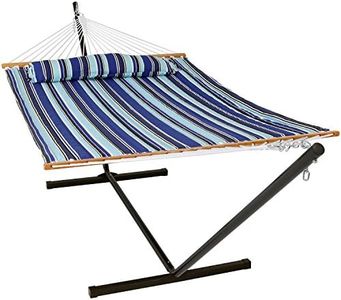Sunnydaze Quilted Double Hammock with 12-Foot Stand and Pillow - 350-Pound Capacity - Black Stand - Catalina Beach