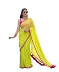 RAJESHWAR FASHION WITH RF Women's fancy Georgette saree - solid or plain pattern - lime green color - for casual look - with tassels & lace border - with blouse piece unstitched