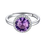 Round Birthstone Finger Rings for Women 925 Sterling Silver Simulated Amethyst February Birth Stone Ring