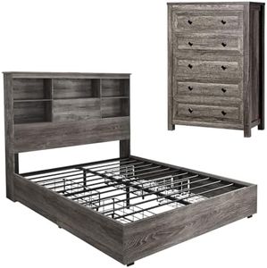 LUXOAK 2-Piece Bedroom Set, Farmhouse Queen Size Bed Frame and 5 Drawers Dresser, Wooden Storage Bed with Charging Station & 4 Drawers, Tall Dressers Organizer with Metal Handles for Bedroom, Grey