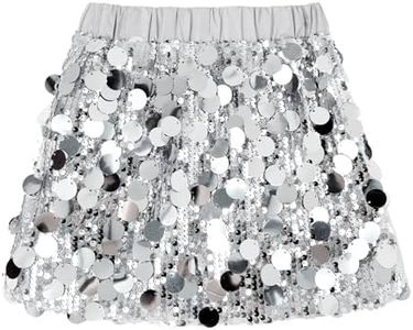 Miipat Sequin Skirts Glitter Elastic Waistband Fashion Kids Mini Skirt Dance Birthday Princess Party Skorts for Girls, Silver, 8-9 Years