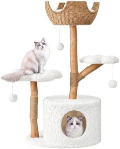 Modern Cat Tree, Wood Cat Tree Tower for Large Cats, Luxury Cat Condo with Scratching Posts and Flower Platforms, Cat Furniture by Easyego, (Rabbit Hair - White)