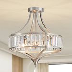 Majhoiw Brushed Nickel Crystal Chandelier for Dining Room, 4-Light Semi Flush Mount Ceiling Light Fixture Rustic Farmhouse Ceiling Lighting with Round Metal Shade,Hallway,Bedroom,Foyer