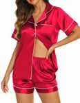 Ekouaer Pajama Sets for Women Silk Button Up Sleepwear Satin Short Sleeve Pjs Bridal Wedding Party (Red,Medium)