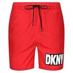 DKNY Mens Swim Trunks/Shorts in Red, Nylon Quick Dry Adult Shorts Swimwear with Draw String and Elasticated Waistband