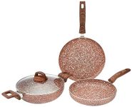 Amazon Basics 4-Piece Non-Stick Cookware Set, Granite Finish, Induction Base (1 Tawa - 28 cm, 1 Fry Pan - 24 cm, 1 Deep Kadai with Glass Lid - 24 cm; Rust Granito),Aluminium