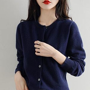 JIANGZ Gilet Femme,Mode Couleur Unie Bleu Marine Col Ras du Cou Cardigan Pull Tricoté Doux Coupe Slim Manteau À Manches Longues Pull Ouvert Devant Survêtement Veste Cardigans pour Femmes,M