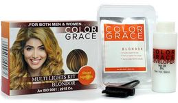 Color Grace Hair Highlighter | Golden blonde Hair Color Powder For Women & Men | 1 pouch 15g Blond powder, Brush, 60Ml Developer, 1 attractive mixing Container, & leaflet