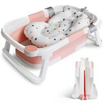 Baby Bath Tub Foldable Bathtub, Newborn Baby Plastic Bathtub with cushion pad Foldable Anti-Slip legs Collapsible tub for Toddler Baby kids Bathing - Childrens Travel Shower Bath Tubs | Pink and White