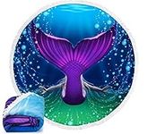 Dawhud Direct Round Beach Blanket, 60" x 60" Microfibre Cotton Picnic Towel, Circular Beach Blanket Throw with Fringe, Round Tapestry, Meditation Mat (Mermaid)