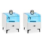 CLIPOP Set of 2 Bedside Table with Charging Station, 1 Drawer Nightstand Storage Unit with 16 Color LED Lights,Tempered Glass Top and Metal Legs, Smart Side Table for Bedroom Living Room