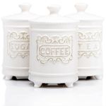 25 Ounce Elegant Ceramic Kitchen Canisters Set of 3 - Engraved Coffee Tea Sugar Storage Containers with Feet for Added Style and Stability - Ceramic Jar with Airtight Lid