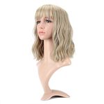 VCKOVCKO Natural Wavy Short Bob Wigs With Air Bangs Women's Shoulder Length Wigs Curly Wavy Synthetic Cosplay Wig Pastel Bob Wig for Girl Colorful Wigs(12", Mix Blonde)