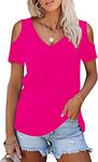 RANPHEE Womens Summer Cold Shoulder Tops Hot Pink Short Sleeve V Neck Casual Basic Shirt Cute Ladies Fashion Trendy Clothing Loose Fitting Blouses XL